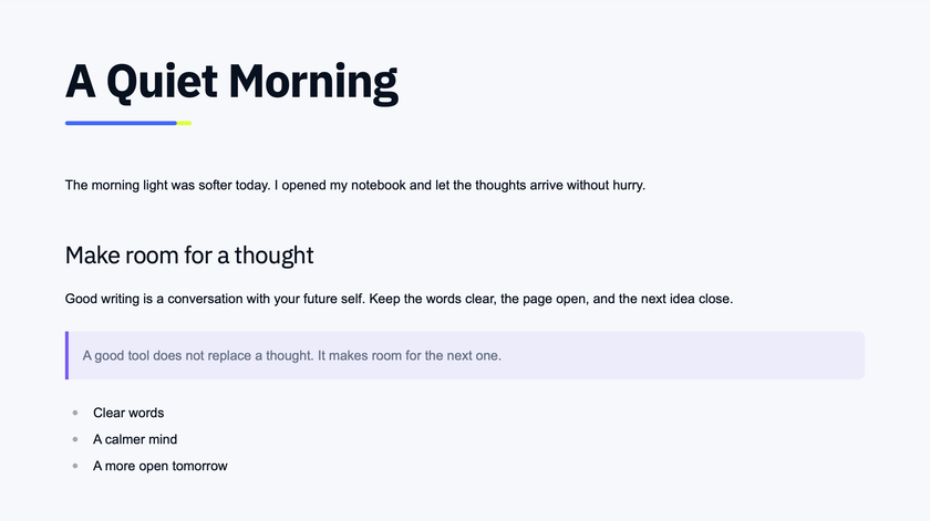 Cyberpunk Color Style: cool pale paper, sans-serif headings, blue and lime accents, and a violet quotation.