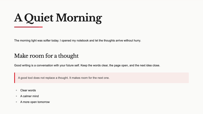 Postal Editorial Color Style: clean paper, expressive serif headings, straight red rules, and a pale red quotation.