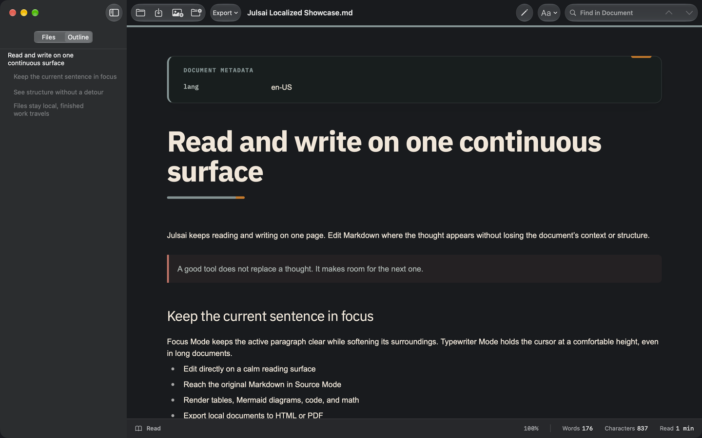 Julsai on Mac: a real Markdown document, outline sidebar, and editor toolbar.