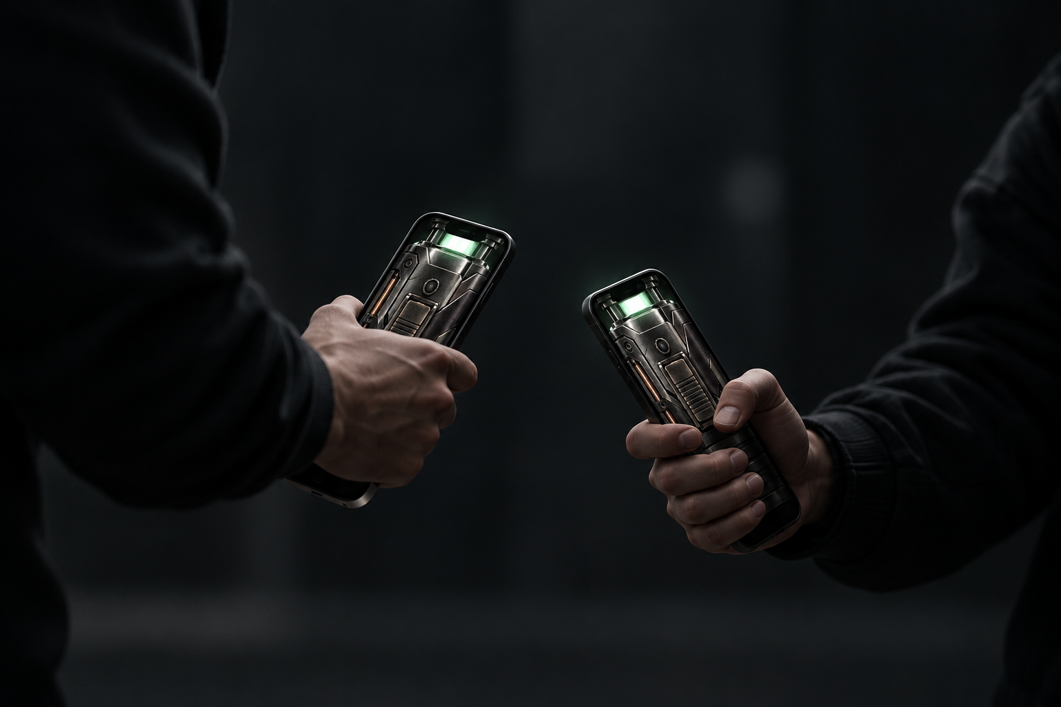 Two people holding iPhones displaying Saber Duel hilts